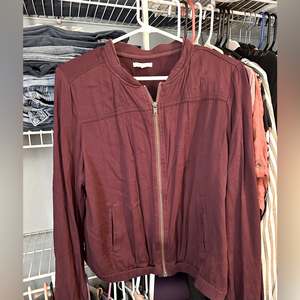 Maurices twill bomber jacket 
Size L
Maroon/plum color 
Like-new condition